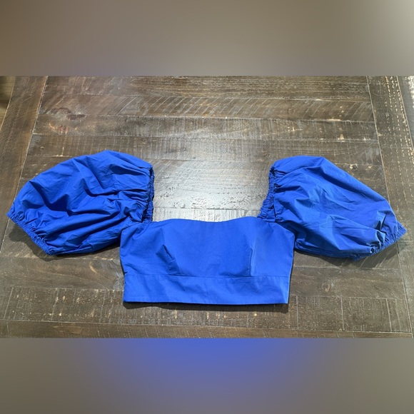 NWT Susana Monaco Blue Nocturnal Puff Sleeve Cotton Poplin Crop Top Sz M - Picture 4 of 11